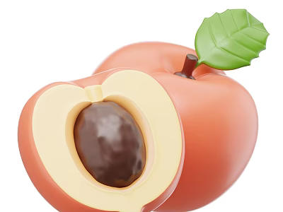 Fresh Sliced and Whole Peach With Green Leaf and Visible Pit 3d model