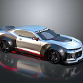 Sleek Silver Sports Car With Black Accents Red Side Stripe Rear Spoiler And Large Wheels