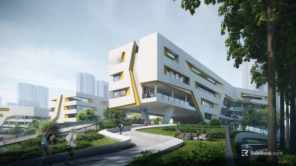 Modern Multi Story School Building With Geometric Design White Exterior Yellow Accents And Greenery 3d model 