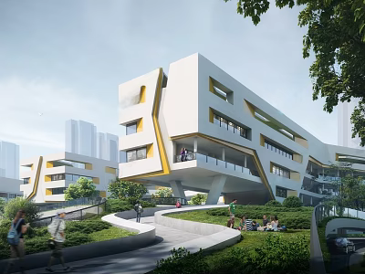 Modern Multi Story School Building With Geometric Design White Exterior Yellow Accents And Greenery 3d model