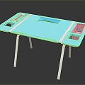 Modern Blue Desk With Metal Legs And Green Red Functional Design Sections