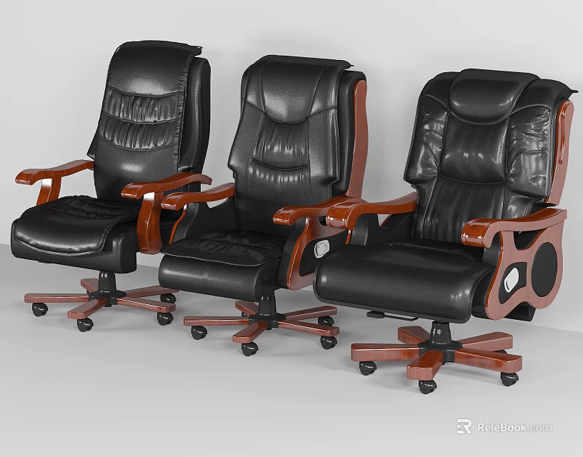 Black Leather Office Chair With Wooden Armrests Swivel Casters And Comfortable Design 3d model 