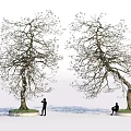 Blooming Trees With Curved Branches Featuring Standing And Seated People On Circular Base