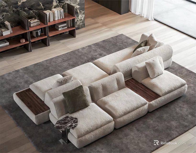 Modern Beige Upholstered Sectional Sofa With Pillows On Gray Rug Wooden Floor 3d model 