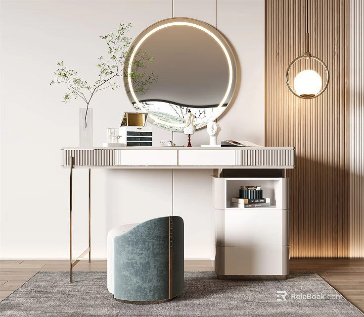 Elegant White Dressing Table with Circular Mirror Green Plant Golden Legs and Blue Stool 3d model 