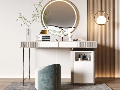 Elegant White Dressing Table with Circular Mirror Green Plant Golden Legs and Blue Stool 3d model