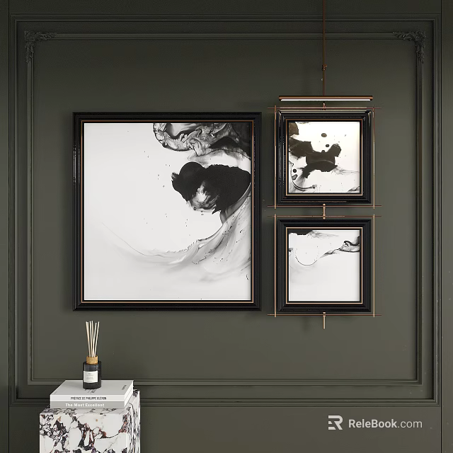 Black And White Abstract Paintings Large And Small Framed Hanging On Dark Green Wall 3d model 