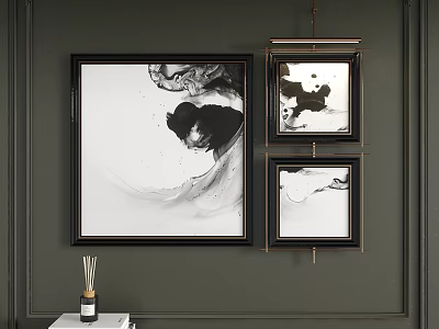 Black And White Abstract Paintings Large And Small Framed Hanging On Dark Green Wall 3d model