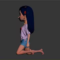 Girl with long blue hair in pink T-shirt and blue shorts kneeling on gray background