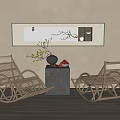 Natural Wicker Rocking Chairs In Modern Living Space With Decorative Painting And Side Table