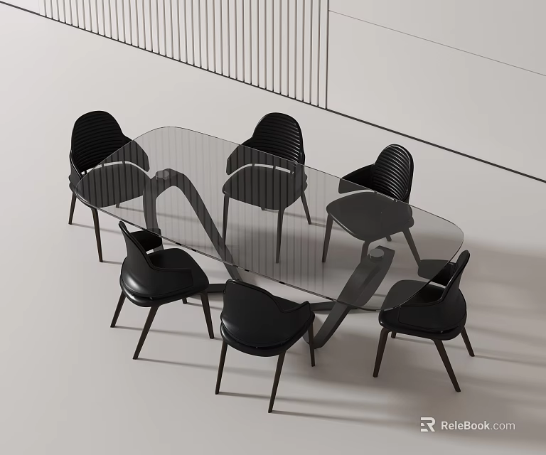 Modern Glass Dining Table Set With Six Black Minimalist Chairs 3d model