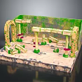 Ancient Scenic Landscape With Stone Pillars Arches Red Pedestals Green Vines And Sandy Ground
