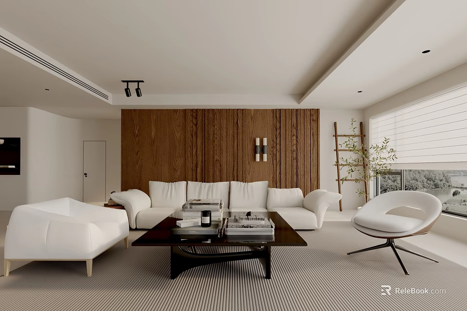 Stylish Modern Neutral Living Room With Wooden Accent Wall And Soft White Upholstered Sofa Set 3d model 