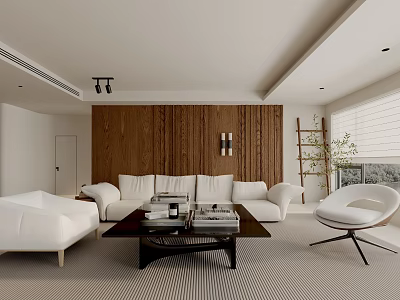 Stylish Modern Neutral Living Room With Wooden Accent Wall And Soft White Upholstered Sofa Set 3d model