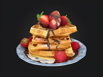 Stacked Waffles Topped With Fresh Strawberries And Chocolate Sauce On Blue Plate 3d model