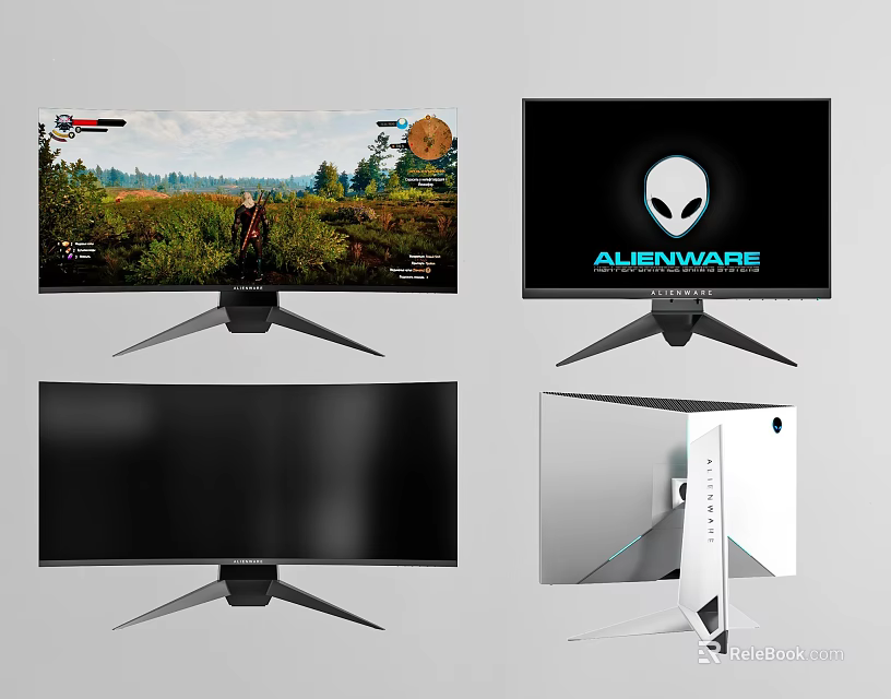 Alienware Gaming Monitor Showing Gameplay With Curved Screen And White Design 3d model 