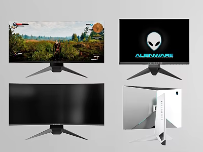 Alienware Gaming Monitor Showing Gameplay With Curved Screen And White Design 3d model