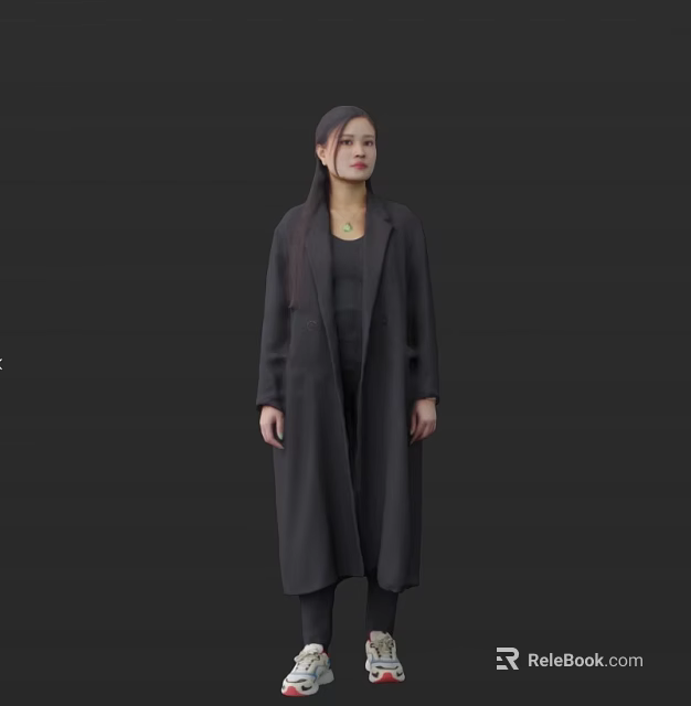 Woman Wearing Long Dark Gray Coat With Black Top And Necklace On Dark Background 3d model 