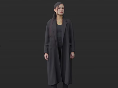 Woman Wearing Long Dark Gray Coat With Black Top And Necklace On Dark Background 3d model