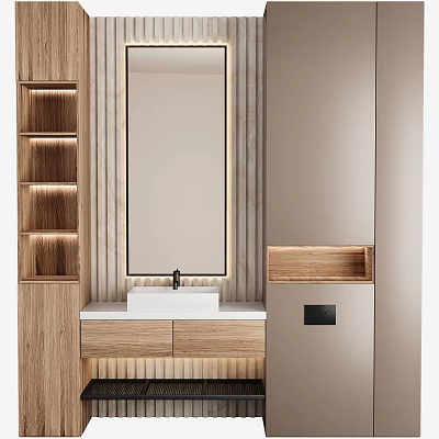 Modern Wooden Bathroom Sink with Large Mirror LED Lighting and Storage Shelves 3d model