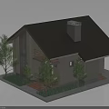 Modern Gabled House With Chimney Wooden Balcony Steps Trees and Grass