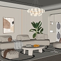 Modern Cream Style Living Room Cream Style Sofa Coffee Table Combination Fabric Multi-person Sofa Corner Sofa Lazy Sofa Cream Style Floor Lamp Cream Style Chandelier Hanging Picture 3d model