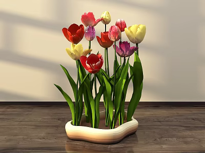 Colorful Floral Display With Red Yellow Purple Tulips In Unique Ceramic Pot On Wooden Table 3d model
