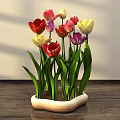 Colorful Floral Display With Red Yellow Purple Tulips In Unique Ceramic Pot On Wooden Table