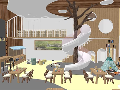 Kindergarten Indoor Space With Tree Structure Spiral Slide Wooden Tables And Colorful Floor 3d model
