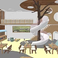 Kindergarten Indoor Space With Tree Structure Spiral Slide Wooden Tables And Colorful Floor