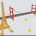 Model Scene With Eiffel Tower Red Bridge And Yellow Crane 3d model