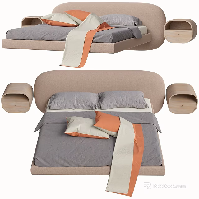 Modern Double Bed With Upholstered Headboard Gray Sheets Orange Beige Throw And Nightstands 3d model