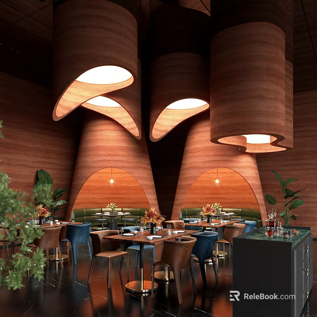 Elegant Restaurant Interior With Curved Wooden Decor Pendant Lights And Dining Tables 3d model 