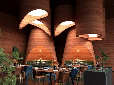 Elegant Restaurant Interior With Curved Wooden Decor Pendant Lights And Dining Tables 3d model
