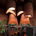 Elegant Restaurant Interior With Curved Wooden Decor Pendant Lights And Dining Tables