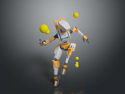 Game Movie Character Orange White Robot Juggling Multiple Yellow Balls In Dynamic Pose 3d model