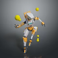 Game Movie Character Orange White Robot Juggling Multiple Yellow Balls In Dynamic Pose