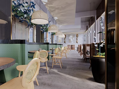 Modern Restaurant Interior With Wicker Chairs Wooden Tables Green Walls And Pendant Lights 3d model