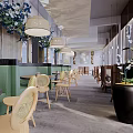 Modern Restaurant Interior With Wicker Chairs Wooden Tables Green Walls And Pendant Lights