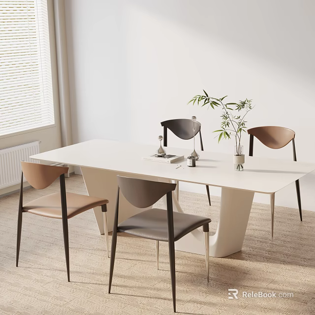 Modern Minimalist Dining Table Set With White Tabletop Brown Grey Chairs And Green Plant 3d model 