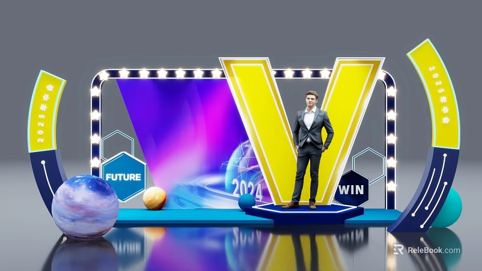Future Themed Photo Spot With Yellow V Structure 2024 WIN Sign Planet Models Light Frame 3d model