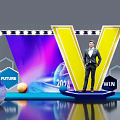 Future Themed Photo Spot With Yellow V Structure 2024 WIN Sign Planet Models Light Frame 3d model