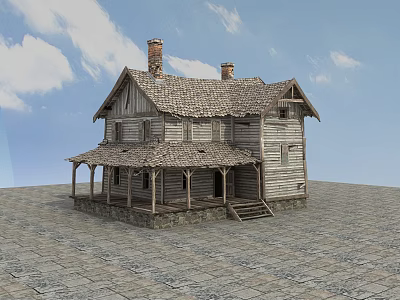 Ancient Wooden Building With Tiled Roof Two Chimneys Covered Porch And Stone Pavement 3d model