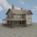Ancient Wooden Building With Tiled Roof Two Chimneys Covered Porch And Stone Pavement