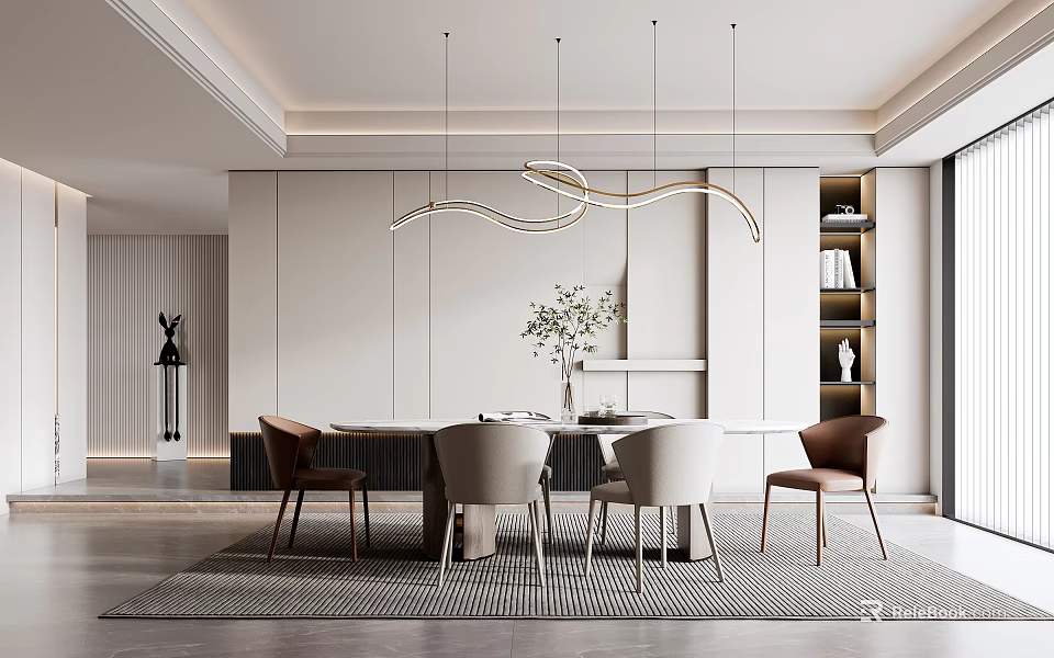 Modern Dining Interior With Round Table Leather Chairs Curved Pendant Lights And Plant Decor 3d model 