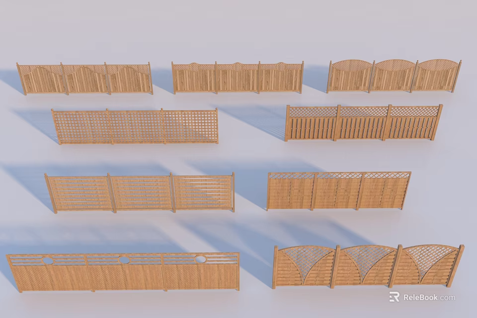 Wooden Garden Fence With Various Decorative Panel Designs And Patterns 3d model 
