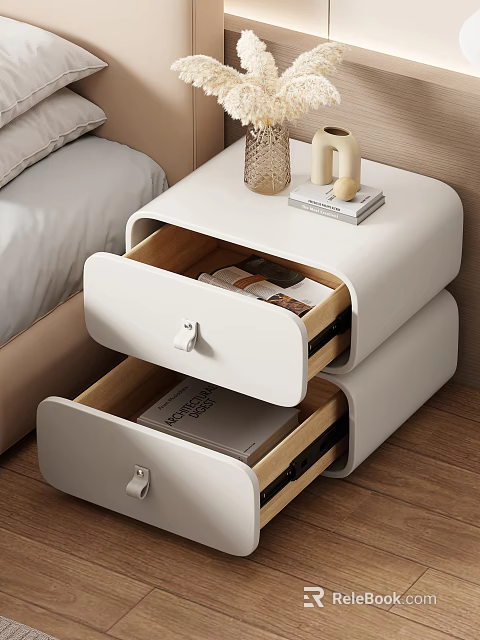 White Bedside Table With Two Open Drawers And Books Inside Decorative Items On Top 3d model 