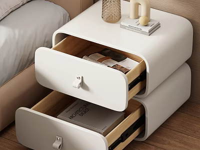 White Bedside Table With Two Open Drawers And Books Inside Decorative Items On Top 3d model
