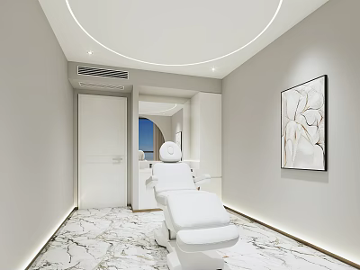 Modern Beauty Salon Interior With White Treatment Bed Marble Floor And Decorative Wall Art 3d model
