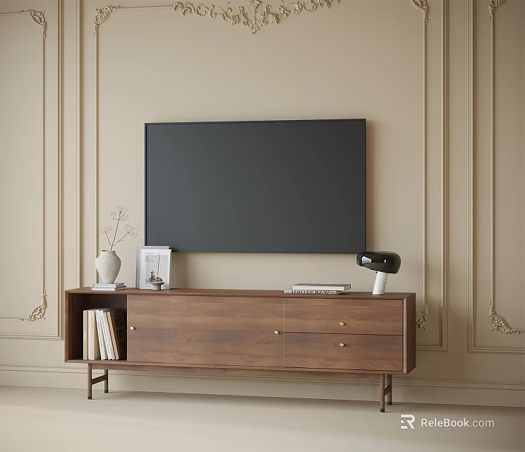 Black Flat Screen TV Mounted on Beige Wall with Wooden Stand and Decorative Items 3d model 